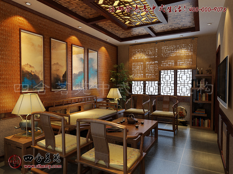 竹席掛鏈四扇屏點染禪意藝術(shù)體驗 茶樓古典裝修設(shè)計室內(nèi)配飾